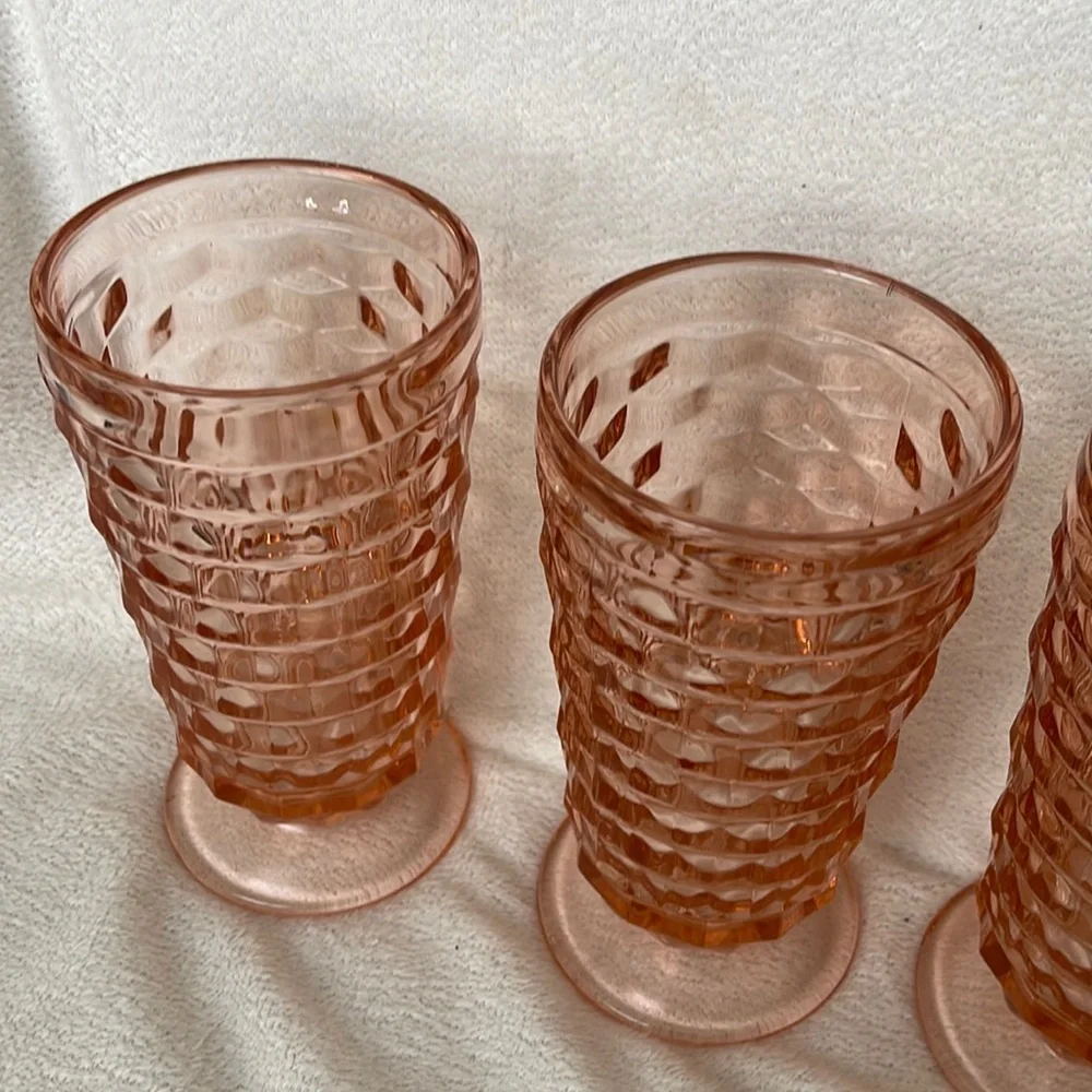 Vtg 4 Indiana Whitehall Peach Pink Ice Tea  Cooler Drinking Glasses Cubist - Picture 5 of 14